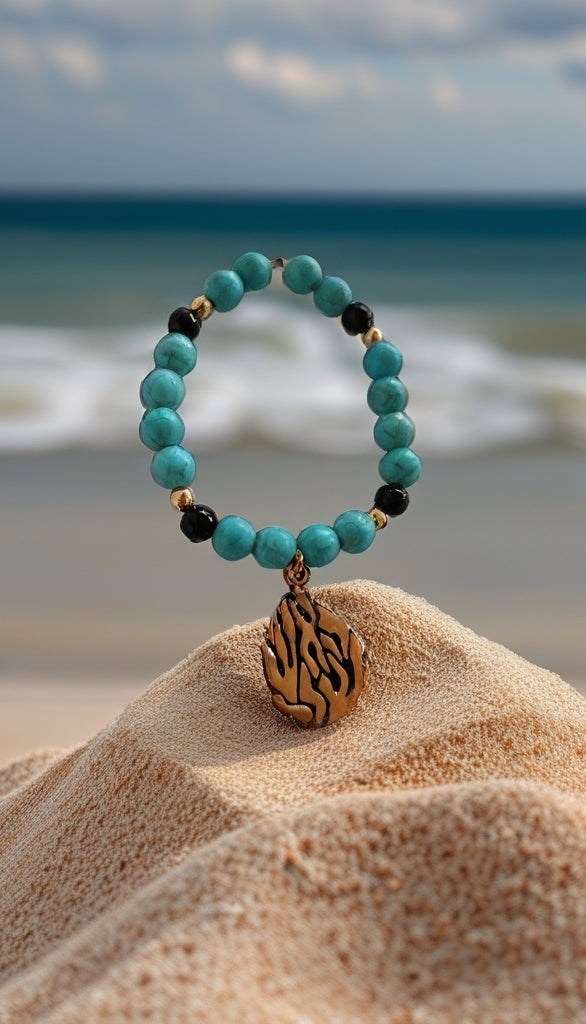 Bracelet Aesh Shéli Doré Fond Noire avec Perles Turquoises