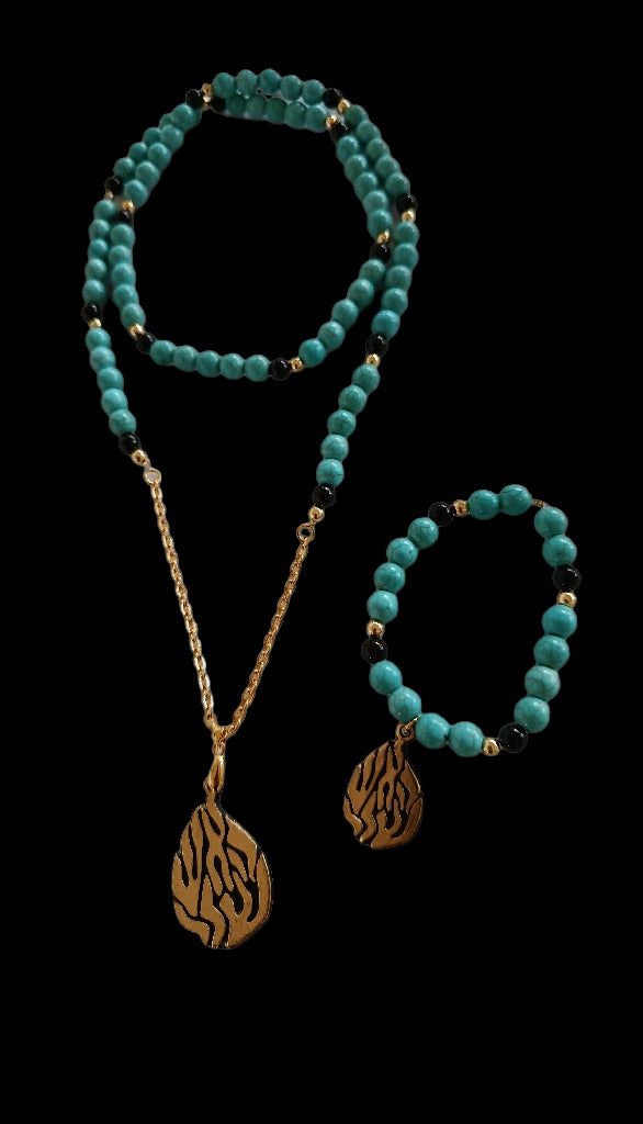 Bracelet Aesh Shéli Doré Fond Noire avec Perles Turquoises