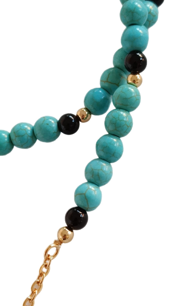 Collier Sautoir Aesh Shéli Doré Fond noir Avec Perles Turquoises